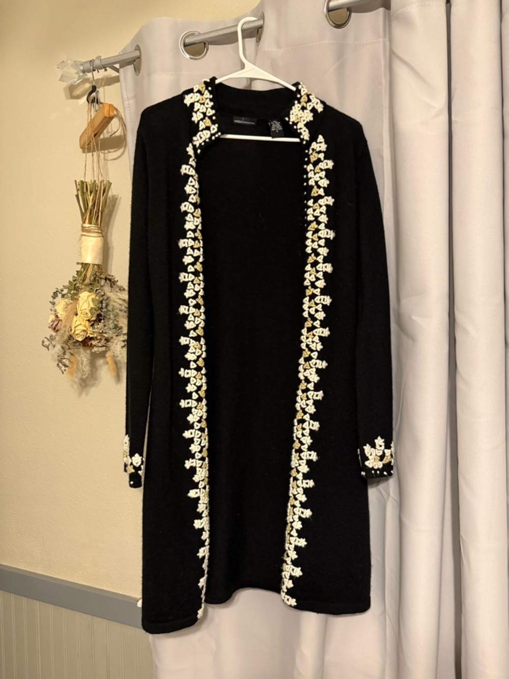 Moda International Black Cardigan with Cream Embroidered Trim